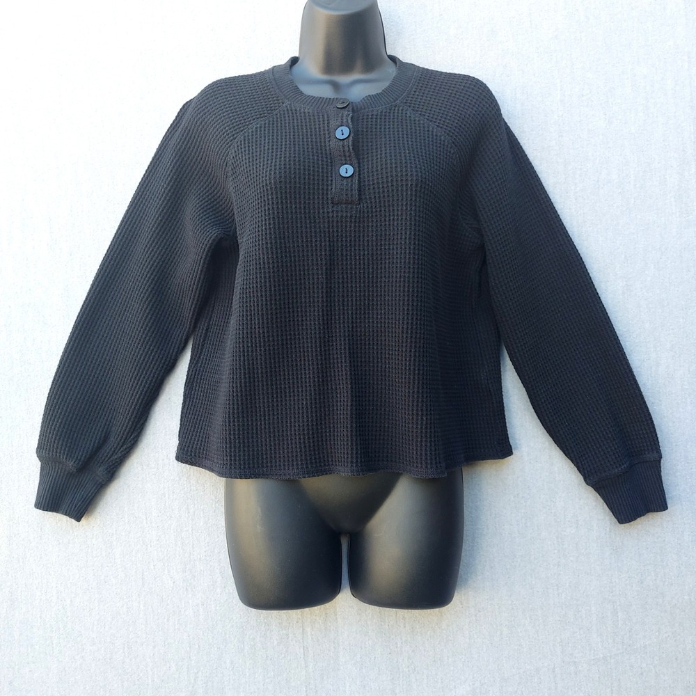 Old Navy Thermal Waffle Knit Henley Women S Black Button Long Sleeve Relaxed Top